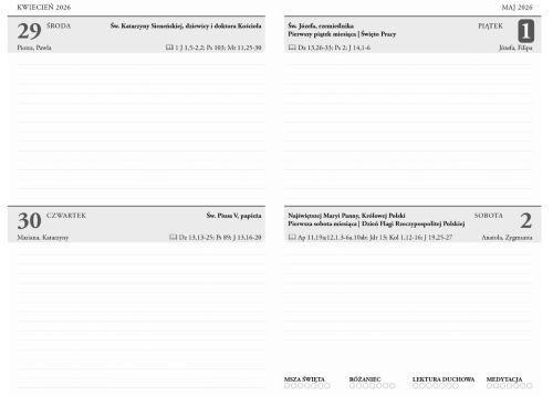 Wnętrze kalendarza zawierzenia 2026 z siglami liturgicznymi