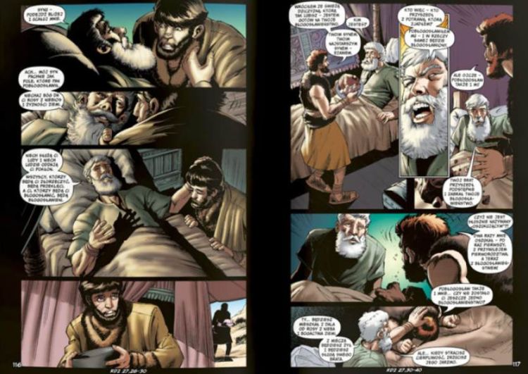 Fragmenty komiksu Genesis z dialogami biblijnymi w dymkach komiksowych