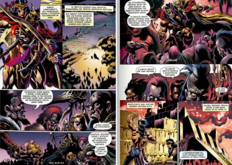Sceny z komiksu Genesis o budowie wieży Babel i pomieszaniu języków