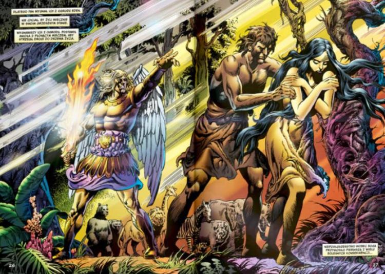 Kolorowe ilustracje komiksu Genesis pokazujące wygnanie z raju i pierwszych ludzi
