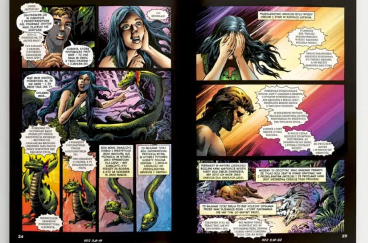 Strony komiksu Genesis przedstawiające upadek w raju i wypędzenie z Edenu