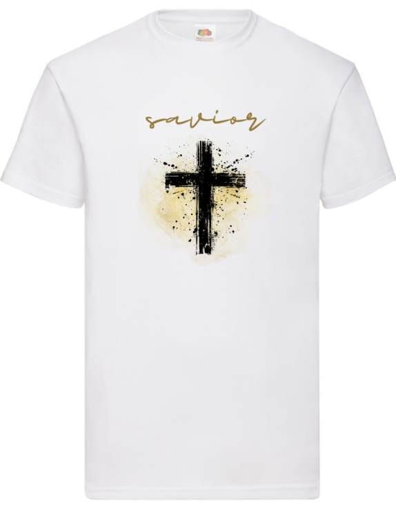 Biała koszulka religijna z napisem Savior i artystycznym krzyżem w kolorze czarno-złotym