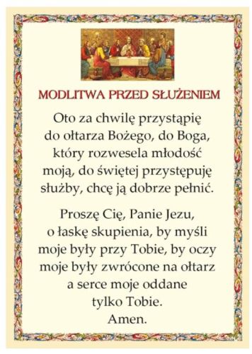 Plansza liturgiczna z modlitwą ministranta przed służeniem | do zakrystii