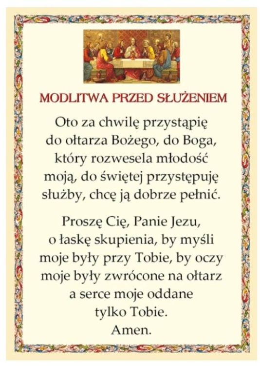 Plansza liturgiczna z modlitwą ministranta przed służeniem | do zakrystii