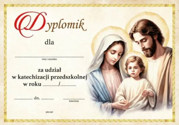 Kolorowy dyplom katechezy przedszkolnej ze Świętą Rodziną, pakiet 10 sztuk dla księży - pomoc katechetyczna!