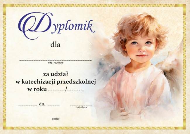 Dyplomik ukończenia katechezy przedszkolnej z wizerunkiem anioła stróża, format A5