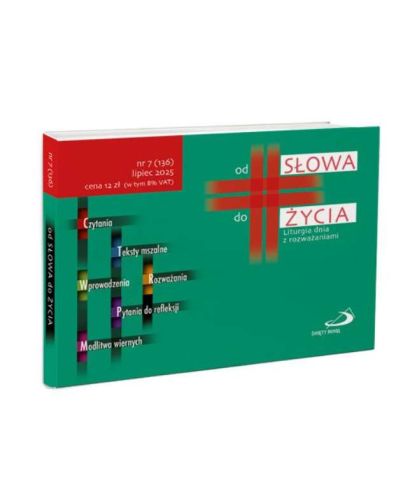 Okładka miesięcznika liturgicznego "Od Słowa do Życia" na lipiec 2025. Na zielonym tle widać schemat zawartości: czytania, teksty mszalne i modlitwa wiernych | EDYCJA ŚWIĘTEGO PAWŁA