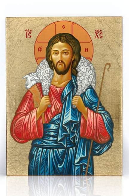 Ikona Jezusa Dobrego Pasterza na złoconej desce. Chrystus trzyma na ramionach owieczkę, symbolizując troskę o każdego człowieka i odnalezionych grzeszników.