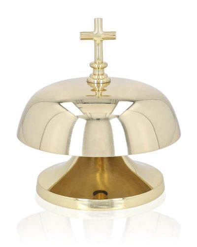 Złoty gong liturgiczny z mosiądzu, zwieńczony krzyżem, na białym tle | DEWOCJONALI I ARTYKUŁY LITURGICZNE