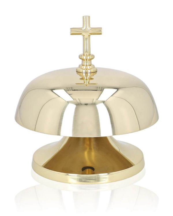 Złoty gong liturgiczny z mosiądzu, zwieńczony krzyżem, na białym tle | DEWOCJONALI I ARTYKUŁY LITURGICZNE