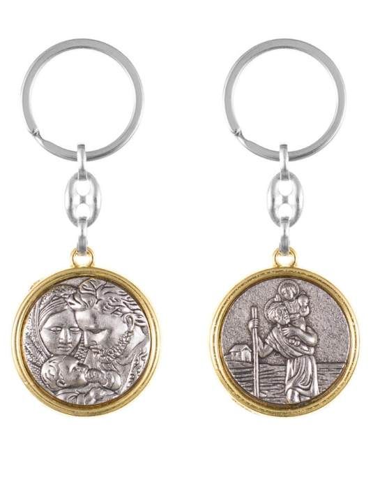 Dwustronny brelok religijny ze św. Krzysztofem i Świętą Rodziną w złotej obwódce. Pamiątka na błogosławieństwo pojazdów 25 lipca | hurtownia dewocjonaliów