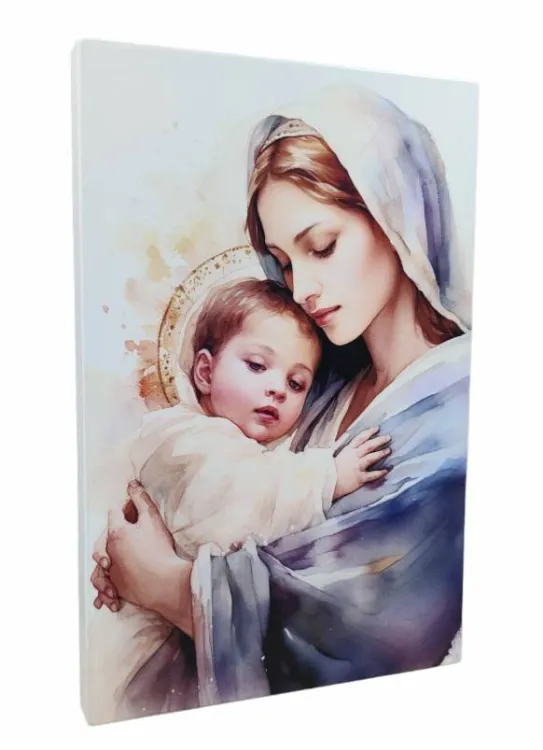 Nowoczesny obraz religijny w stylu akwareli, przedstawiający Matkę Bożą, która z czułością tuli Dzieciątko Jezus | obrazy na prezent ślubny
