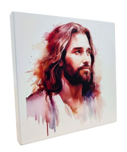 Nowoczesny obraz malowany w stylu akwareli, przedstawiający pełne spokoju Oblicze Jezusa Chrystusa, patrzącego w dal | sklep internetowy dewocjonalia obrazy sakralne