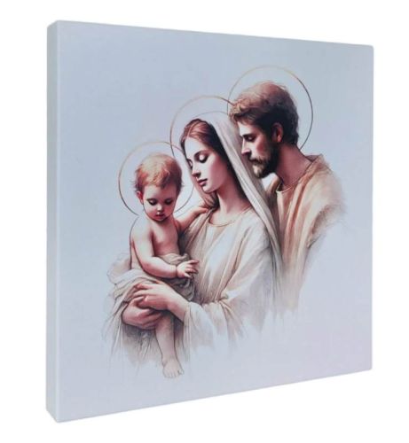 Nowoczesny obraz religijny przedstawiający Świętą Rodzinę. Maryja trzyma Dzieciątko Jezus, a Święty Józef opiekuńczo się nad nimi pochyla.