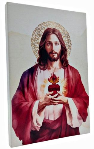 Obraz przedstawiający Jezusa, który patrzy prosto na widza i ukazuje swoje Najświętsze Serce, płonące miłością i otoczone koroną cierniową.