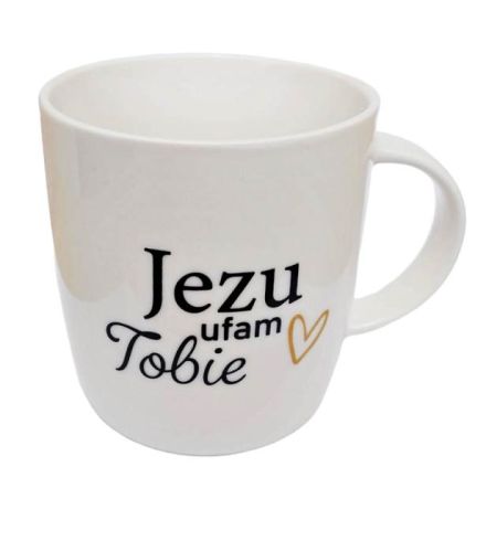 Biały kubek ceramiczny z uchem oraz napisem "Jezu Ufam Tobie" | sklep chrześcijański