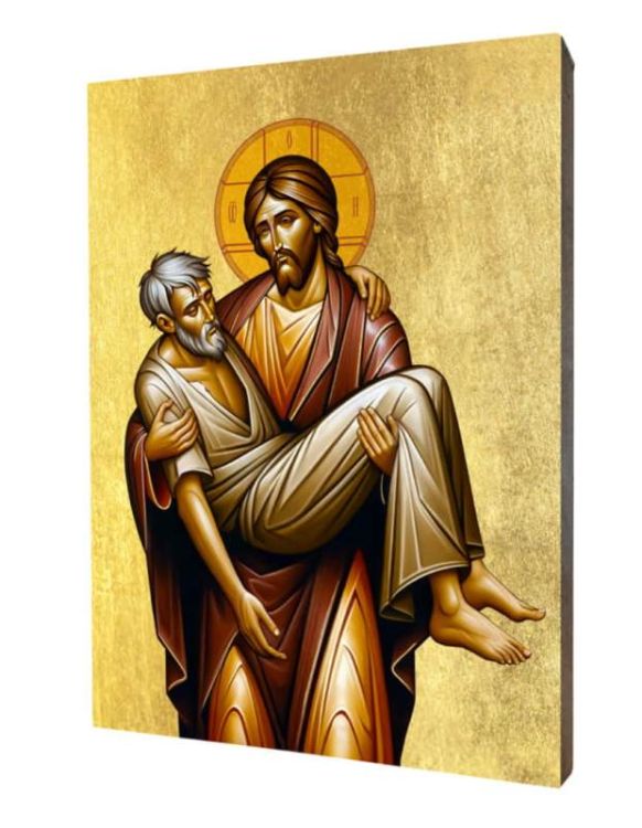 Ręcznie złocona ikona Dobry Samarytanin. Głęboki symbol nadziei i miłosierdzia. Idealna na prezent dla osoby w potrzebie. Polska produkcja. Sprawdź!