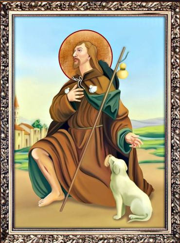 Obraz religijny przedstawiający Świętego Rocha z psem. Święty w brązowym habicie pielgrzyma, z raną na nodze, w tle krajobraz. Całość w złotej, zdobionej ramie.