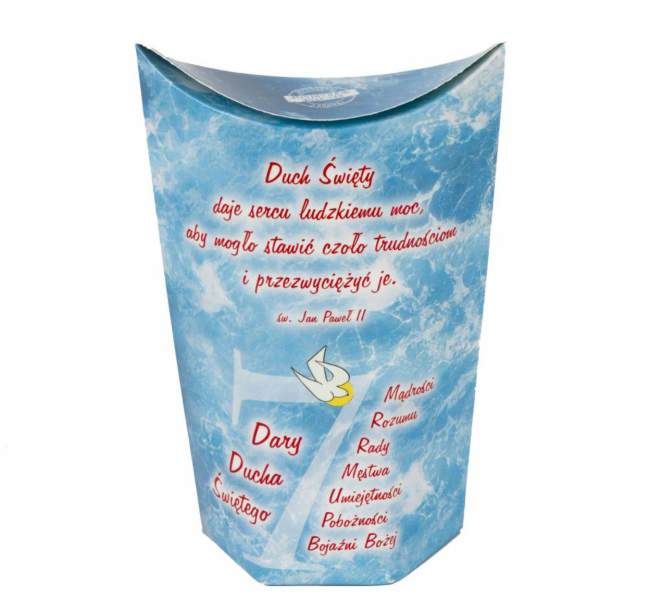 Grafika z cytatem Jana Pawła II i darami Ducha Świętego na krówki jako dodatek do prezentu na bierzmowanie.