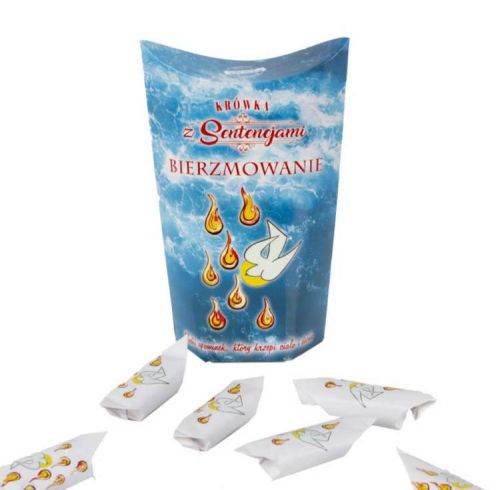 Opakowanie krówek mlecznych 250g z sentencjami na bierzmowanie, idealny słodki gadżet religijny z naturalnymi składnikami.