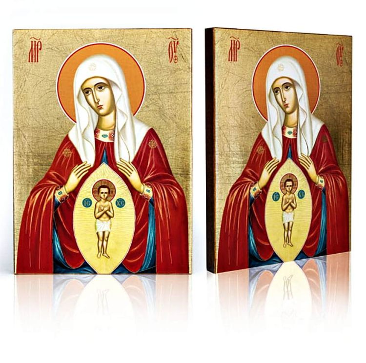 Ikona Matka Boża Pomagająca Rodzącym na złoconej desce. Wizerunek przedstawiony od frontu oraz z boku, ukazując grubość deski | dewocjonalia kubara ikony upominki religijne