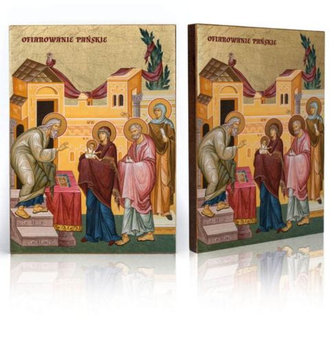 Złocona ikona Ofiarowanie Pańskie przedstawiająca Maryję i Józefa ofiarowujących Dzieciątko Jezus w świątyni starcowi Symeonowi i prorokini Annie.