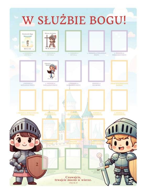 Zdjęcie zestawu pomocy duszpasterskiej "W służbie Bogu" dla 30 dzieci: dwustronna plansza z rycerzami i arkusz z 42 naklejkami. Cel: całoroczny system motywacyjny Wydawnictwa Św. Stanisława BM na Mszę.