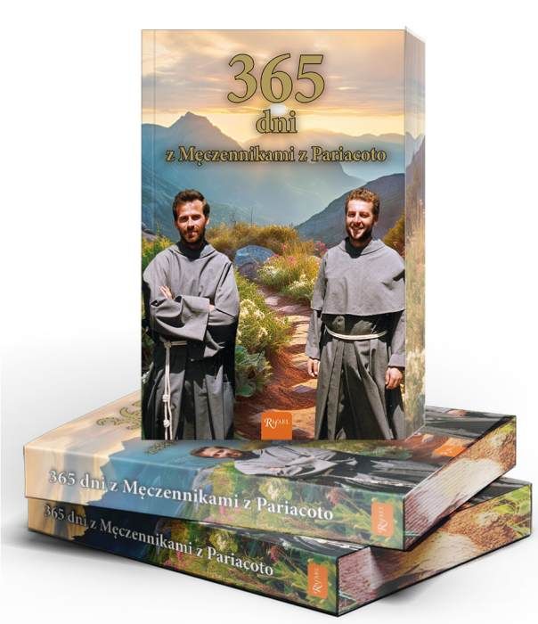 Okładka książki "365 dni z Męczennikami z Pariacoto" od Domu Wydawniczego Rafael. Błogosławieni misjonarze, o. Michał Tomaszek i o. Zbigniew Strzałkowski, stoją na tle górskiego krajobrazu Peru