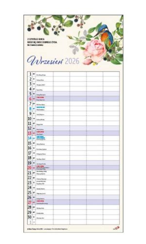 Karta z miesiącem wrzesień 2026 z kalendarza rodzinnego, z ilustracją zimorodka, cytatem "Z czystego serca rodzi się owoc dobrego życia" i pustymi kolumnami.