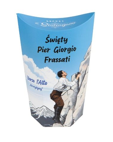 Niebieskie pudełko krówek z wizerunkiem Pier Giorgio Frassatiego wspinającego się po górach, przygotowane z okazji jego kanonizacji.