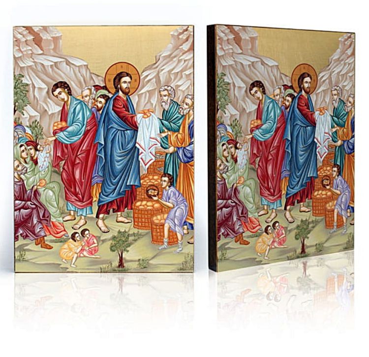 Ikona cudu rozmnożenia chleba. Chrystus z apostołami rozdają chleb i ryby tłumom. Ikona na drewnianej desce, ręcznie złocona.