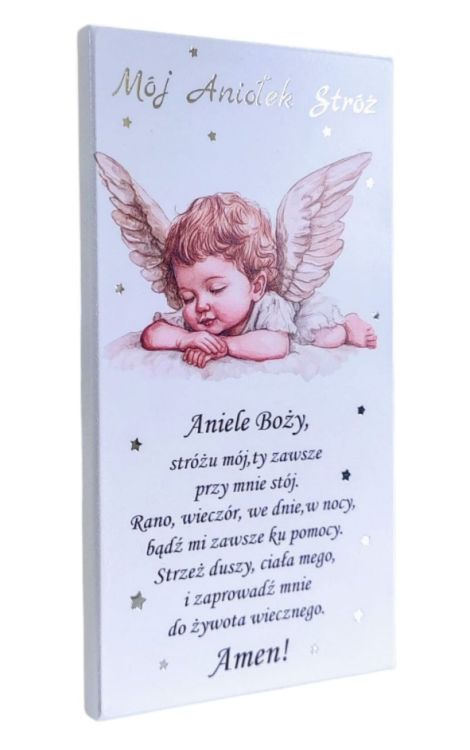 Drewniany obrazek z Aniołem Stróżem i modlitwą "Aniele Boży". Pamiątka Chrztu Świętego z personalizowaną dedykacją.
