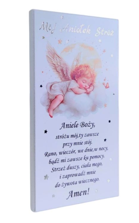 Pastelowy obrazek ze śpiącym aniołkiem na chmurce. Prezent na Chrzest Święty z modlitwą Aniele Boży i personalizacją.