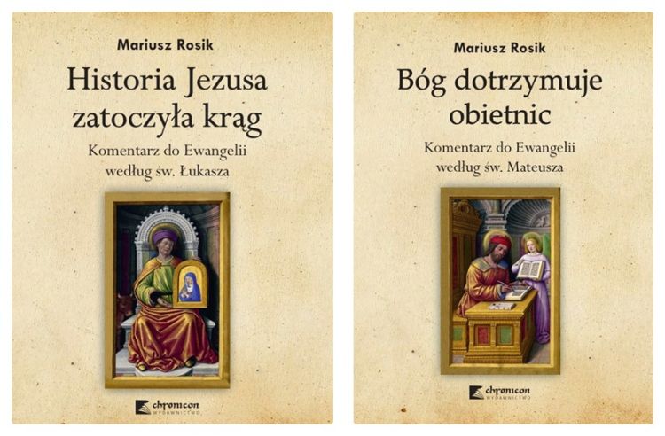Zestaw dwóch książek - komentarzy biblijnych ks. Mariusza Rosika do Ewangelii Mateusza i Łukasza, wydawnictwa Chronicon.