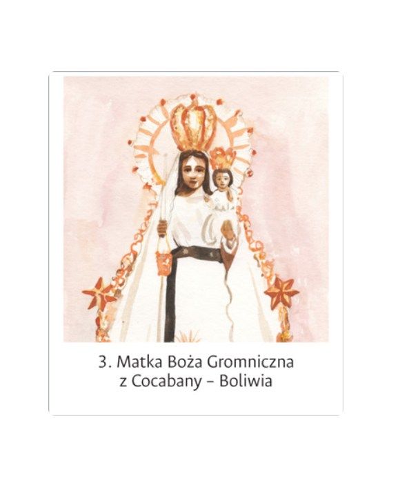 Naklejka nr 3: Matka Boża z Cocabany (Boliwia) o indiańskich rysach. Część zestawu katechetycznego na nabożeństwa różańcowe 'Z Maryją modlimy się za świat'