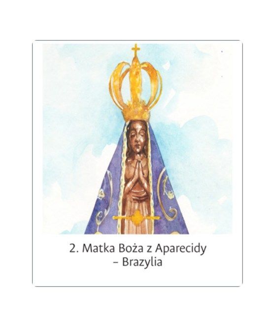 Naklejka nr 2: Matka Boża z Aparecidy (Brazylia), patronka rybaków. Element systemu motywacyjnego dla dzieci 'Z Maryją modlimy się za świat' na październik 2025