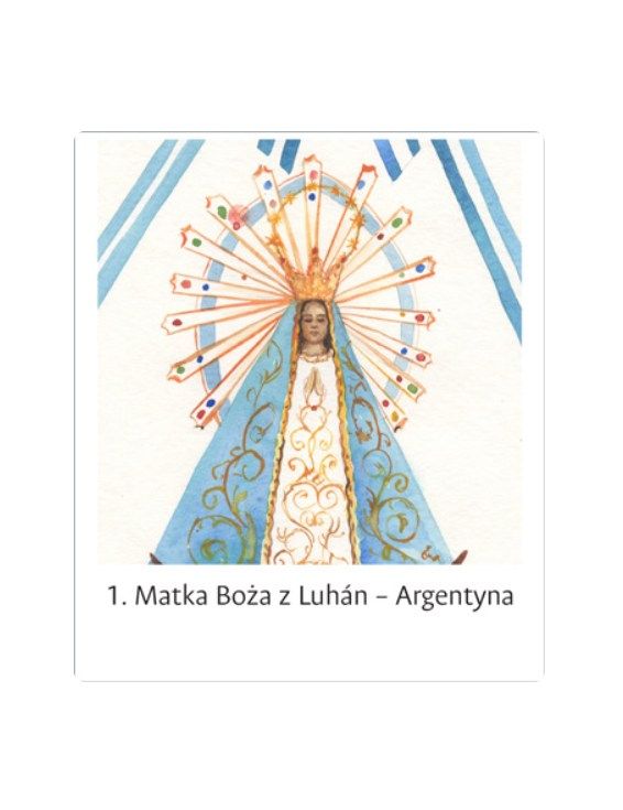 Naklejka nr 1: Matka Boża z Luján (Argentyna). Ilustracja do zestawu pomocy duszpasterskiej na Różaniec 2025 'Z Maryją modlimy się za świat'.