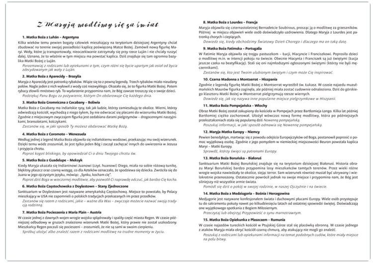 Karta informacyjna dla duszpasterza z opisami 30 sanktuariów maryjnych. Merytoryczny element zestawu różańcowego 'Z Maryją modlimy się za świat' Wydawnictwa św. Stanisława BM.