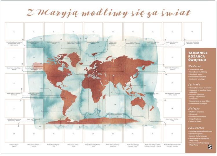Główna plansza z mapą świata do kolekcjonowania naklejek. Element pomocy katechetycznej na Różaniec 2025 'Z Maryją modlimy się za świat' od Wydawnictwa św. Stanisława BM.