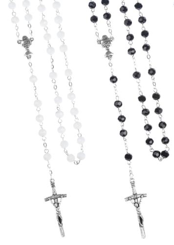 Różaniec komunijny R457K z czarnych (lub białych) kryształowych koralików na łańcuszku ze stali nierdzewnej sklep hurtownia Kielce Tarnów Rzeszów