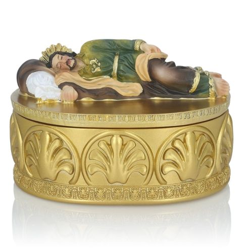 Figura-szkatułka Śpiący Św. Józef 12 cm - postać śpiącego Józefa na złotym, zdobionym pudełku na intencje.