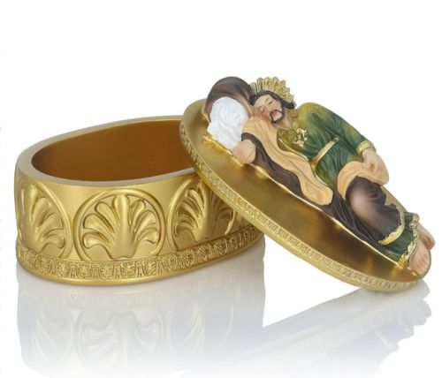 Figura-szkatułka Śpiący Św. Józef 12 cm - postać śpiącego Józefa na złotym, zdobionym pudełku na intencje.