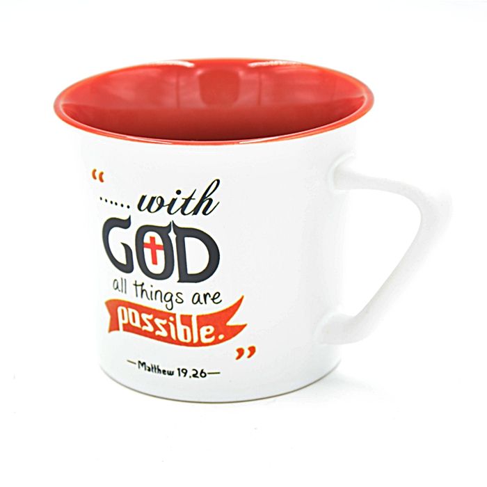 Biały ceramiczny kubek z czerwonym wnętrzem i napisem "with GOD all things are possible - Matthew 19.26". Symbol mocy płynącej z wiary.