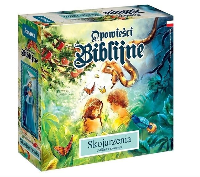 Pudełko gry planszowej "Skojarzenia Opowieści biblijne" na białym tle, przedstawiające kolorowe ilustracje dzieci i zwierząt w biblijnej scenerii.