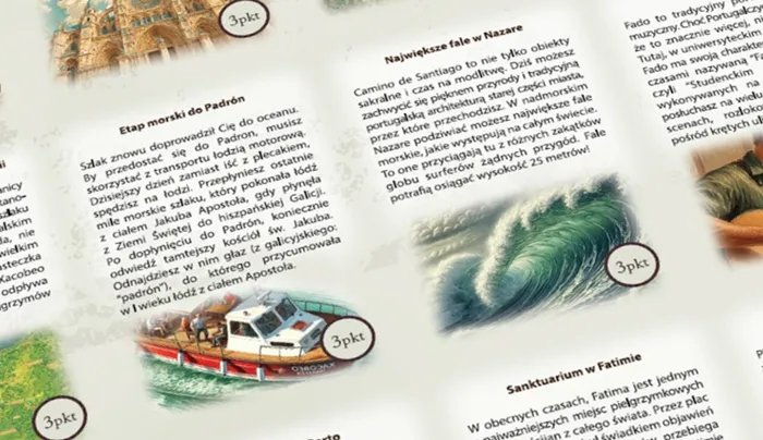 Pudełko strategicznej gry planszowej "Camino de Santiago" z ilustracją katedry, leżące na tle rozłożonej mapy szlaków pielgrzymkowych.