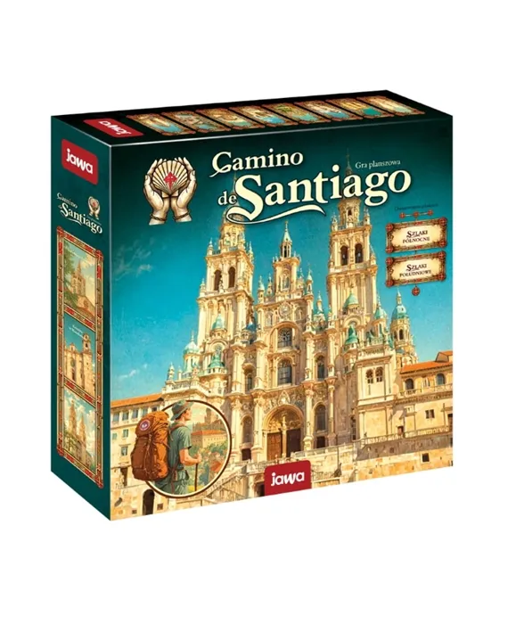 Pudełko strategicznej gry planszowej "Camino de Santiago" z ilustracją katedry, leżące na tle rozłożonej mapy szlaków pielgrzymkowych.