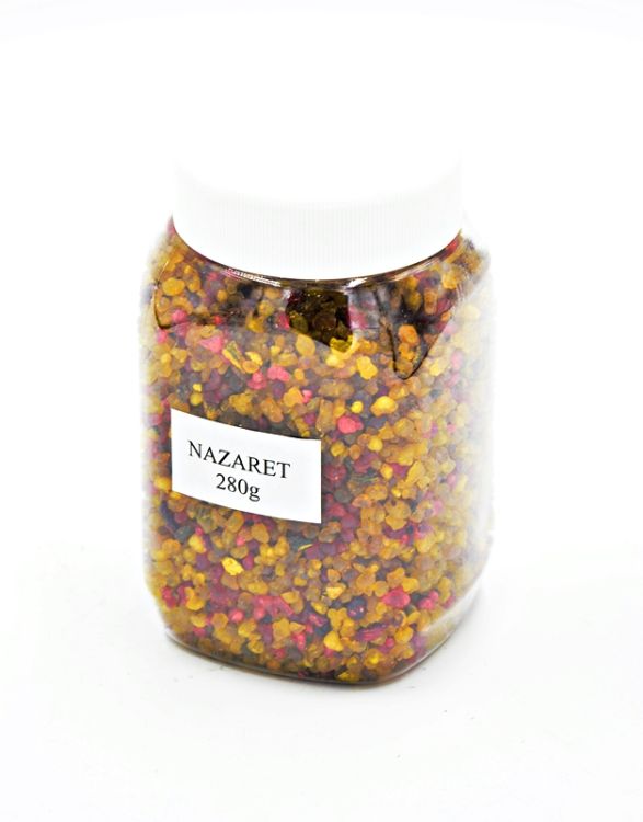 Słoik 280g wypełniony kolorowym, greckim kadzidłem żywicznym NAZARET o kwiatowo-cytrusowym zapachu Ziemi Świętej.