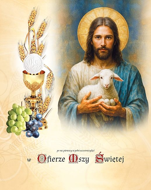 Oficjalna pamiątka I Komunii Świętej od parafii - Jezus Dobry Pasterz, złocony, 20x25cm