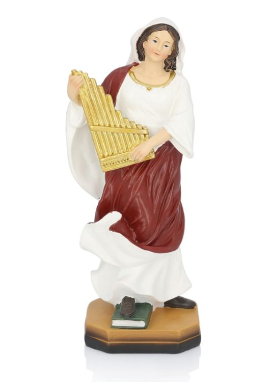 Figurka św. Cecylia (21 cm). Postać trzyma złote organy piszczałkowe (fletnię).