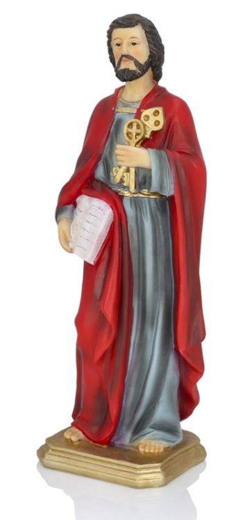 Figura św. Piotra Apostoła 30 cm z żywicy, trzymającego złoty i srebrny klucz oraz księgę.